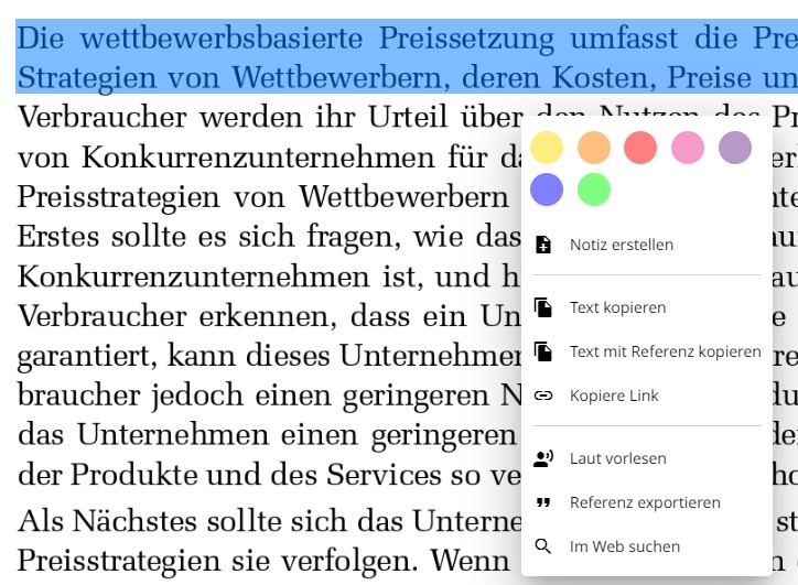 Ausschnitt eines eBooks mit geöffnetem Werkzeugmenü. Über das Menü können sieben verschiedene Farben zum Markieren von Textpassagen ausgewählt, Notizen erstellt sowie Texte, Texte mit Referenzen und Links kopiert werden. Darüber hinaus kann die Vorlesefunktion aktiviert und die Suche im Internet nach weiteren Informationen angestoßen werden.